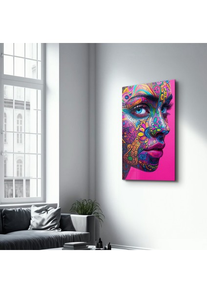 Psychedelic Floral Portrait | Cam Duvar Tablosu