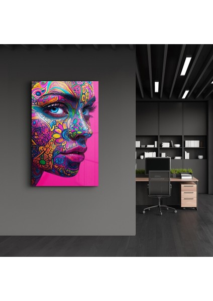 Psychedelic Floral Portrait | Cam Duvar Tablosu