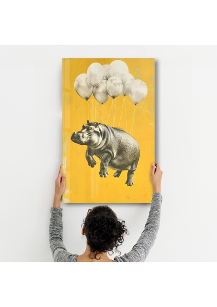 Hippo Rising with Balloons - Cam Duvar Tablosu