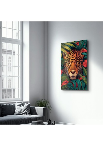 Leopard and Tropical Flowers - Cam Duvar Tablosu