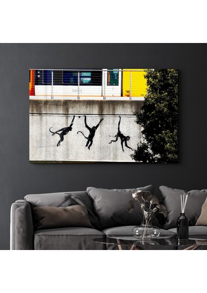 Banksy - Monkeys on the Train Bridge - Cam Duvar Tablosu
