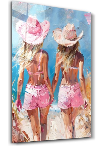 Pink CowGirls On the Beach - Cam Duvar Tablosu