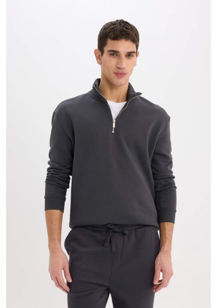 Comfort Regular Fit Rahat Kalıp Fermuarlı Dik Yaka Basic Düz Sweatshirt X7405AZ25SP