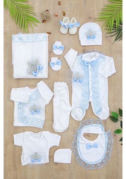 Kız Bebek Melek Kanatlı Kadife Kumaş Beyaz Dantelli Taşlı Lüks 10 Lu Hastane Çıkışı Set STL926