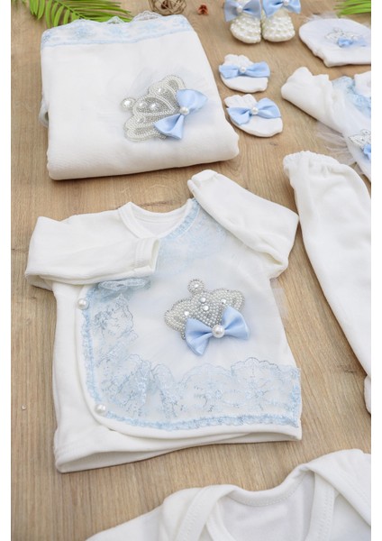 Kız Bebek Melek Kanatlı Kadife Kumaş Beyaz Dantelli Taşlı Lüks 10 Lu Hastane Çıkışı Set STL926