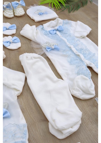 Kız Bebek Melek Kanatlı Kadife Kumaş Beyaz Dantelli Taşlı Lüks 10 Lu Hastane Çıkışı Set STL926