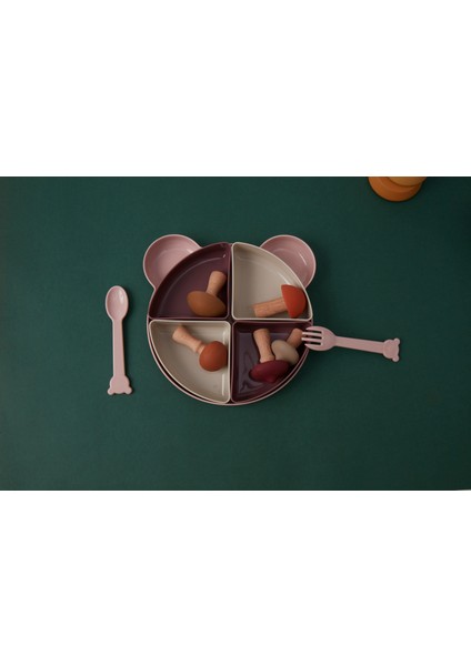 Buddy Mama Tabağı Seti, 1 Ayıcık Tabak + 4 Kase + Çatal-Kaşık, Bebek ve Çocuklar İçin Yemek Takımı, BPA İçermez (Pembe Mor Bej)
