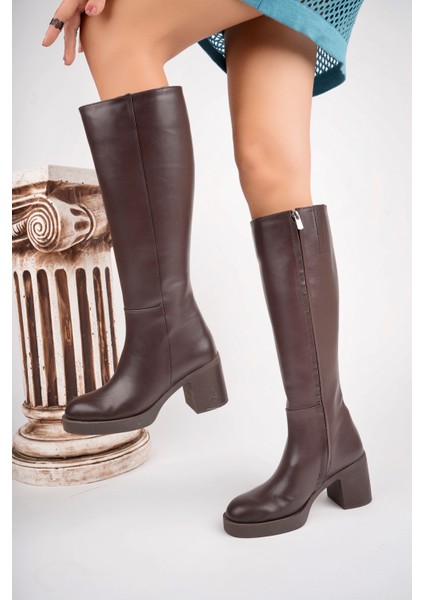 Daisy Model Deri Koyu Kahverengi Dizaltı Fermurlı Kalın Topuklu Kadın Günlük Çizme