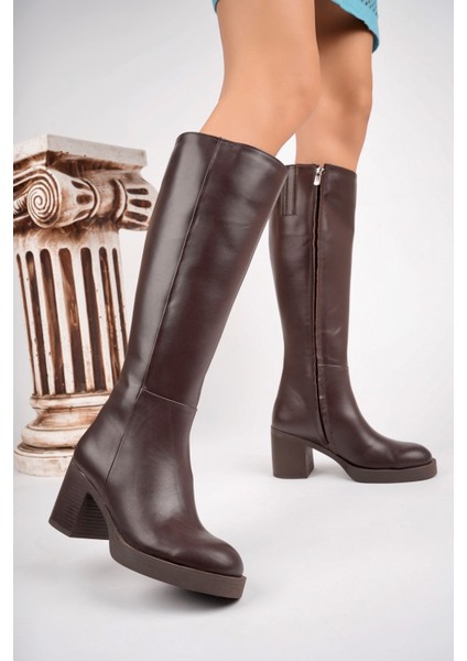 Daisy Model Deri Koyu Kahverengi Dizaltı Fermurlı Kalın Topuklu Kadın Günlük Çizme fiyatları