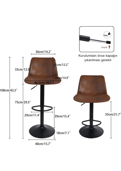 Yükseklik Ayarlı Bar Sandalyesi 2'li Set, Dönebilen, Şık ve Konforlu