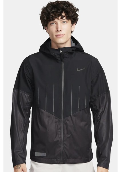 Running Storm Fit Division Aerogami Jacket Erkek Su Itici Kapüşonlu Reflektörlü Yürüyüş Koşu Ceketi Siyah