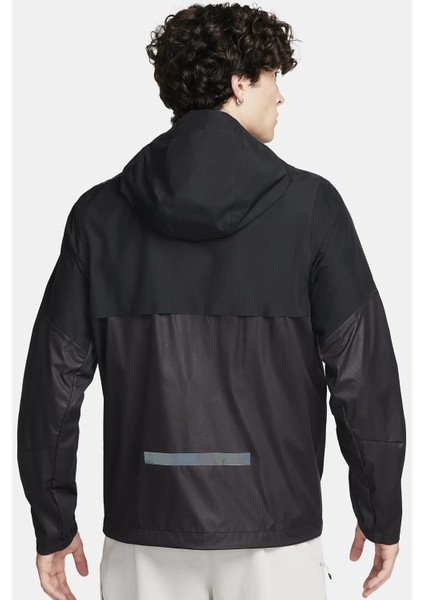 Running Storm Fit Division Aerogami Jacket Erkek Su Itici Kapüşonlu Reflektörlü Yürüyüş Koşu Ceketi Siyah