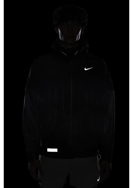 Running Storm Fit Division Aerogami Jacket Erkek Su Itici Kapüşonlu Reflektörlü Yürüyüş Koşu Ceketi Siyah