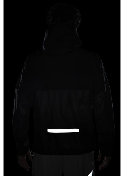 Running Storm Fit Division Aerogami Jacket Erkek Su Itici Kapüşonlu Reflektörlü Yürüyüş Koşu Ceketi Siyah