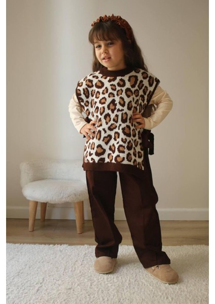 Miniğinin Cicileri Triko Leopar Süveter Kız Çocuk takım - Kahverengi