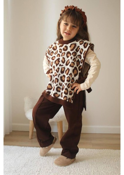 Miniğinin Cicileri Triko Leopar Süveter Kız Çocuk takım - Kahverengi fiyatları