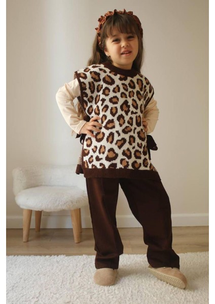 Miniğinin Cicileri Triko Leopar Süveter Kız Çocuk takım - Kahverengi modelleri