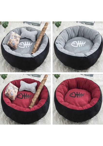 Lacivert Tarzı Iç 45CM Balık Kemikleri ile Kedi Yatağı Yuvarlak Kısa Peluş Küçük Pet House Mat Kış Sıcak Uyuyan Kediler Yuva Yumuşak Güzel Küçük Köpek Yatakları (Yurt Dışından)