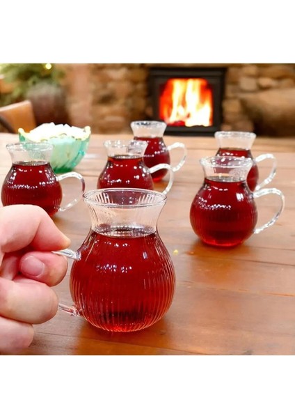 6 Kişilik Keyfi Ala Çizgili Borosilikat Cam Kulplu Çay Bardağı 180ml