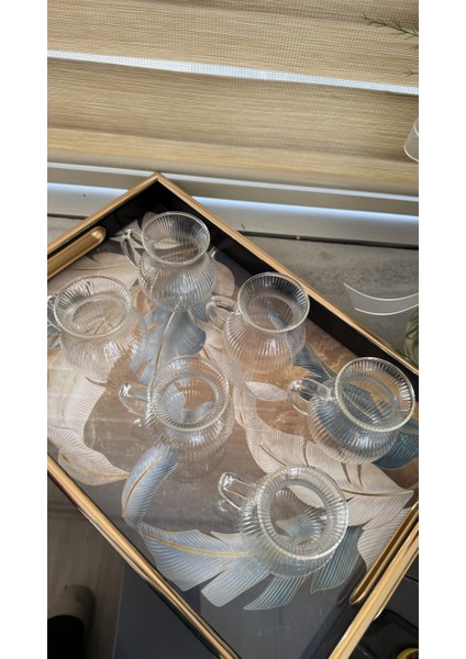 6 Kişilik Keyfi Ala Çizgili Borosilikat Cam Kulplu Çay Bardağı 180ml