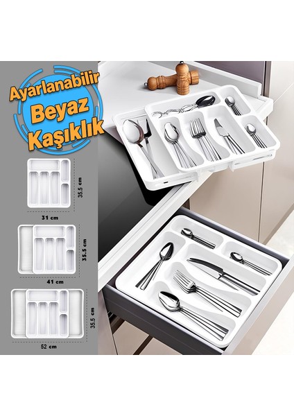 Beyaz Açılabilir Ayarlanabilir Kayar Kaşıklık Çekmece Içi Bıçak Kaşık Çatal Düzenleyici Çift Kanat