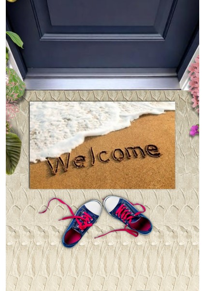 Dijital Baskı Dekoratif Welcome Beyaz Kapı Önü Paspası K-1253
