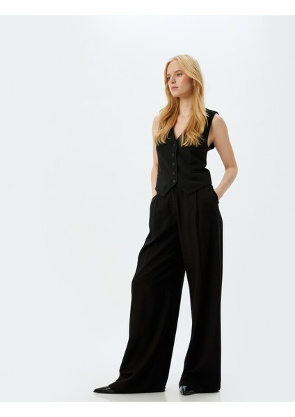 Keten Karışımlı Cepli Geniş Paça Baggy Kumaş Pantolon