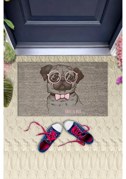 Dijital Baskı Gri Hug A Pug Yazılı Pembe Fiyonklu Gözlüklü Köpek Dekoratif Kapı Paspası K-2019