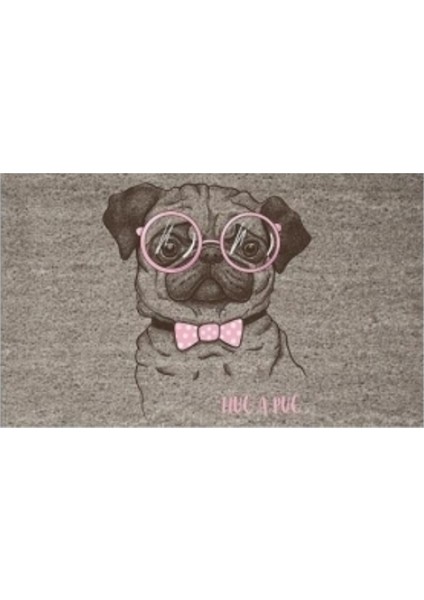 Dijital Baskı Gri Hug A Pug Yazılı Pembe Fiyonklu Gözlüklü Köpek Dekoratif Kapı Paspası K-2019