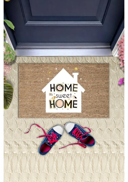 Dijital Baskı Kahverengi Home Sweet Home Yazılı Beyaz Ev Dekoratif Kapı Paspası K-2006