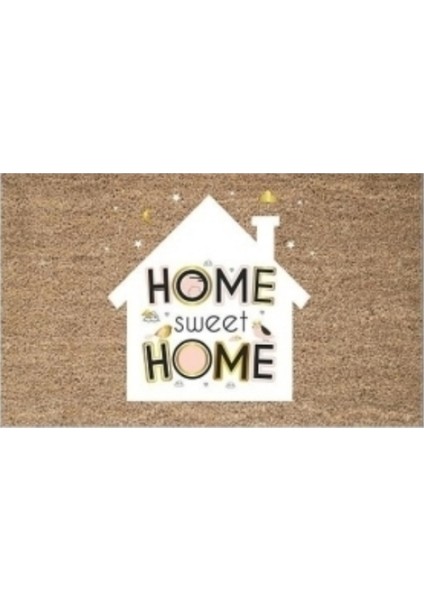 Dijital Baskı Kahverengi Home Sweet Home Yazılı Beyaz Ev Dekoratif Kapı Paspası K-2006