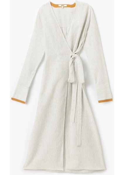 Uzun Kollu Pamuklu Keten Kruvaze Uzun Kimono