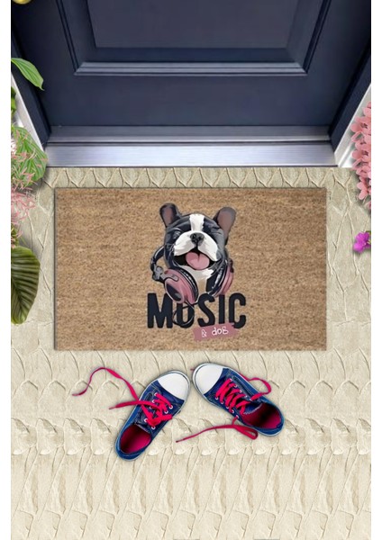 Dijital Baskı Kahverengi Music Yazılı Kulaklıklı Köpek Dekoratif Kapı Paspası K-2042
