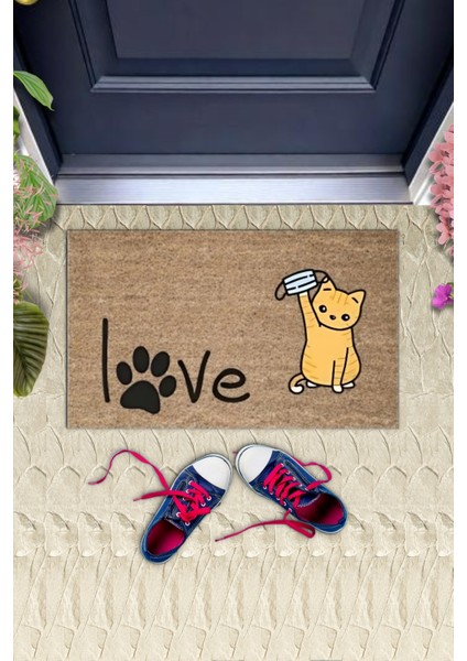 Dijital Baskı Kahverengi Patili Love Yazılı Maskeli Kedi Dekoratif Kapı Paspası K-2010