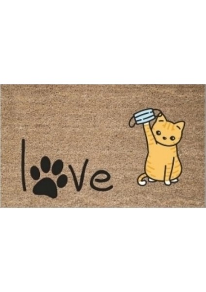 Dijital Baskı Kahverengi Patili Love Yazılı Maskeli Kedi Dekoratif Kapı Paspası K-2010