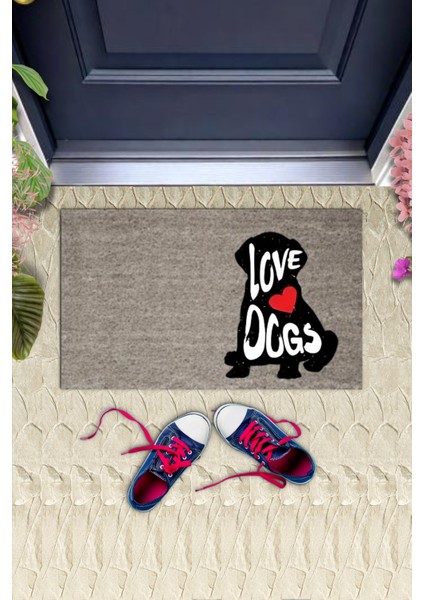 Dijital Baskı Gri Love Dogs Köpekli Dekoratif Kapı Paspası K-2071