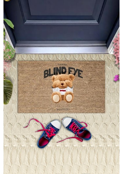 Dekoratif Dijital Blind Eye Ayıcık Bej Kapı Paspası Dış Mekan Paspas K-3189