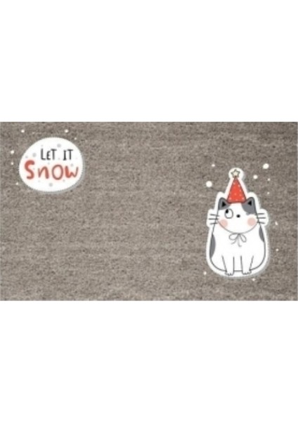 Dijital Baskı Gri Let It Snow Kukuletalı Kedi Dekoratif Kapı Paspası K-2058