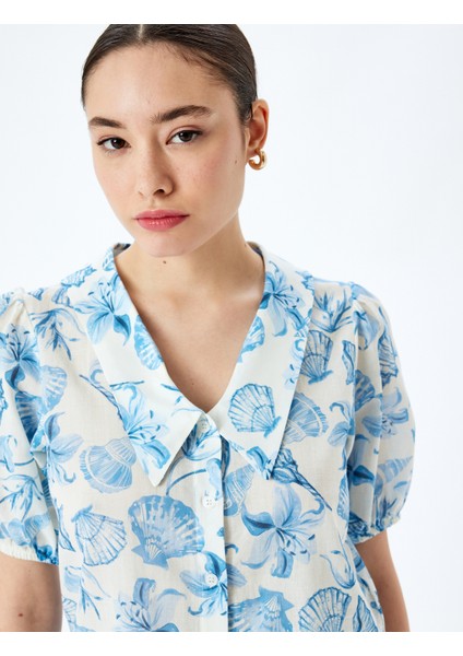 Balon Kol Çiçekli Düğmeli Crop Oversize Gömlek