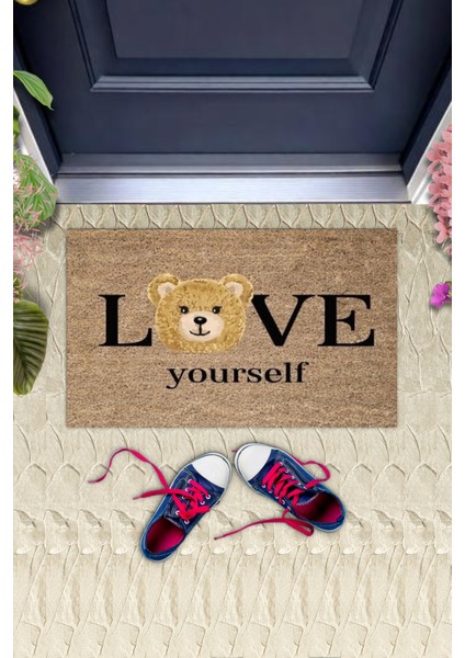 Kahverengi Kapı Önü Paspası Love Yourself Ayıcık Desen K-3329