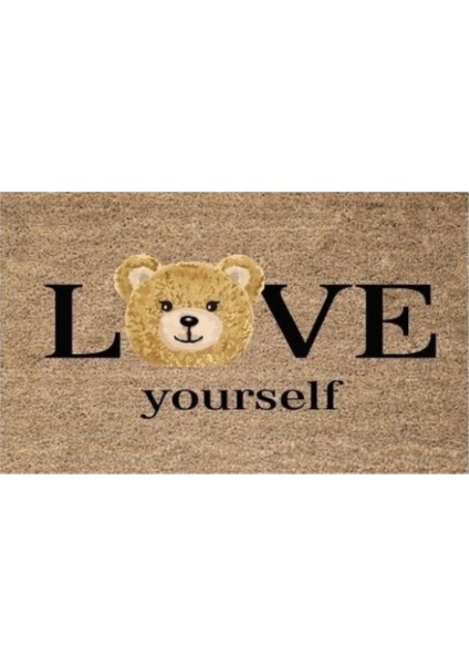 Kahverengi Kapı Önü Paspası Love Yourself Ayıcık Desen K-3329