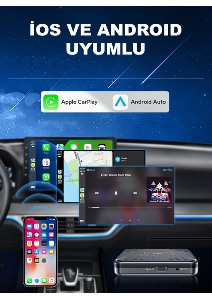 Kablosuz Carplay & Android Auto, USB ve Type-C Uyumlu Araç Multimedya Adaptörü
