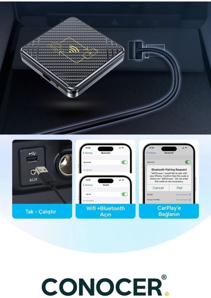 Kablosuz Carplay & Android Auto, USB ve Type-C Uyumlu Araç Multimedya Adaptörü