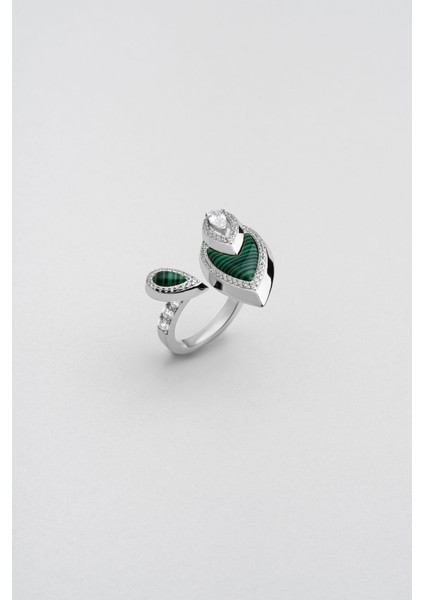 Serenity 18 Ayar Beyaz Altın Kaplama Gümüş Malahit Tasarım Yüzük