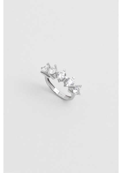 Çarpıcı Işıltı 18 Ayar Beyaz Altın Kaplama Gümüş Beştaş Yüzük