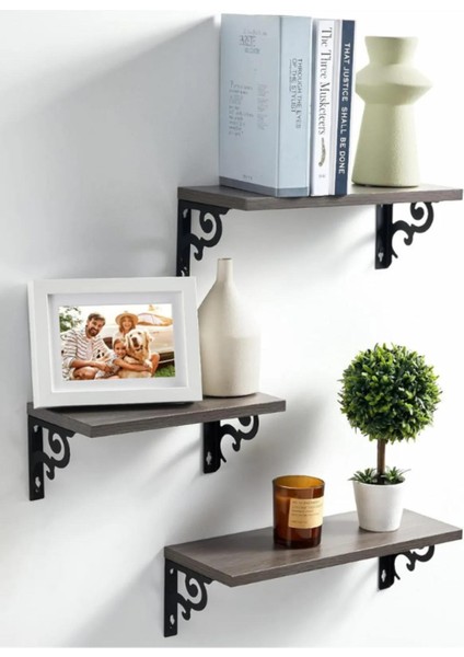 Duvar Rafı Kitaplık Mutfak Banyo Yaşam Alanı Metal Ahşap 3 Lü Set Raf