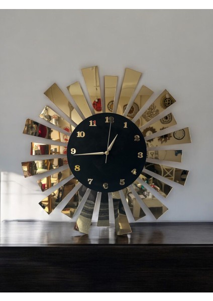 Siyah Gold (Altın) Aynalı Pleksi Yelpaze Model Sayılı Ev Hediyelik Duvar Saati 50CM Boyutunda Salo,ofis,yatak Odası ve Mutfak Için Uygun