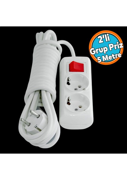 Anahtarlı Düğmeli Çoklu 5 Metre Topraklı Kablolu 2'li Grup Priz Fiş Çoğaltıcı Asmalı Uzatma