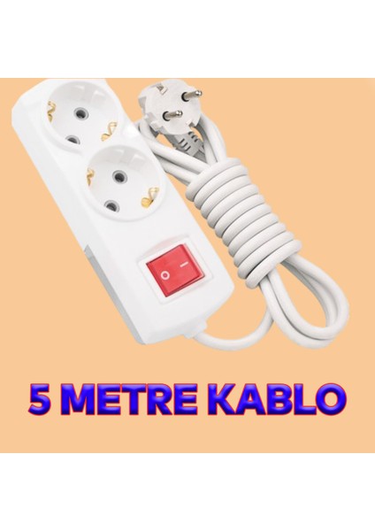 Anahtarlı Düğmeli Çoklu 5 Metre Topraklı Kablolu 2'li Grup Priz Fiş Çoğaltıcı Asmalı Uzatma