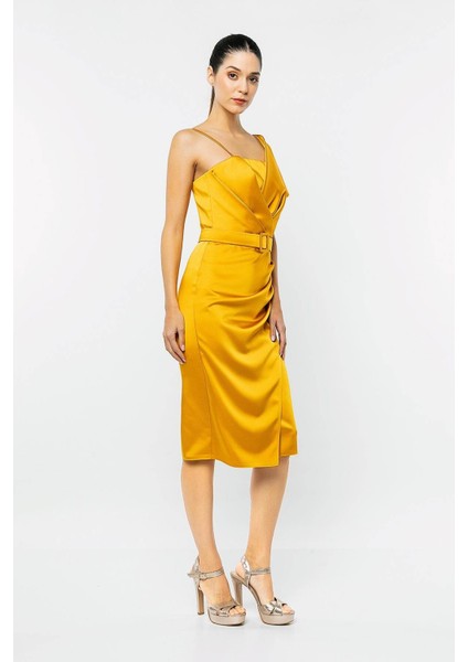 Beli Kemerli Drape Detaylı Saten Elbise modelleri